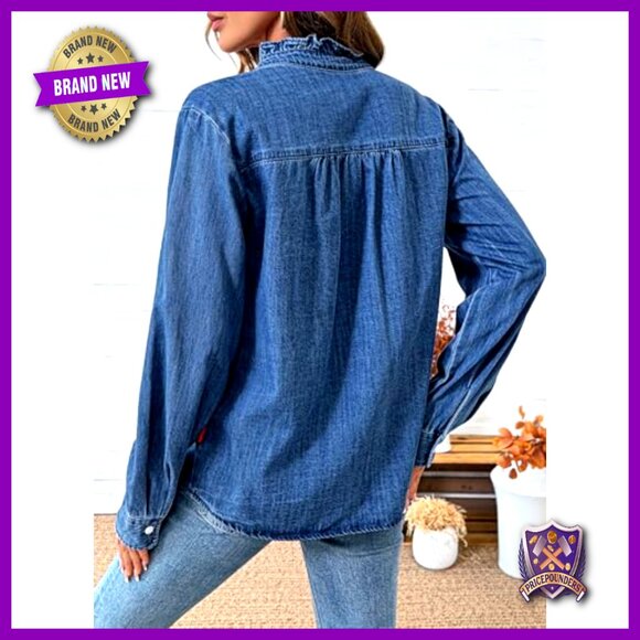 Denim Button Down Shirt Long Sleeve Ruffled Edge Casual Blouse - Picture 3 of 7